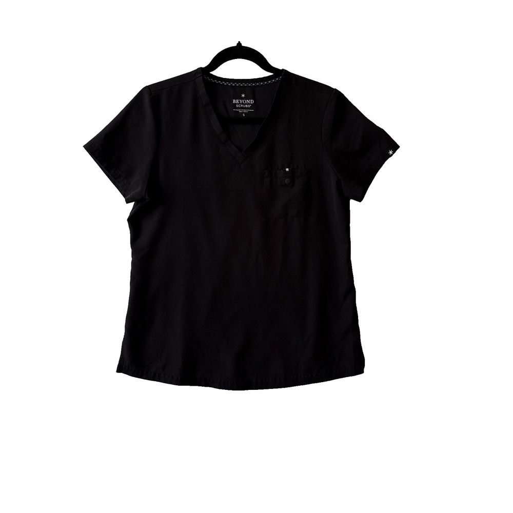 Beyond‎ Scrubs Black Short Sleeve V Neck Soft Pocket Scrub Top S Comfort Stretch